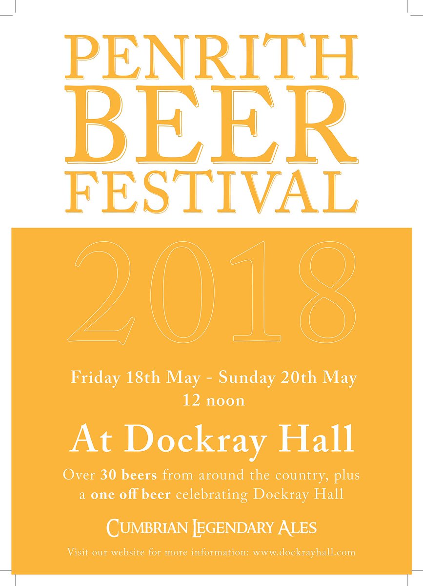 Penrith Beer Festival at <a href="/dockrayhall/">Dockray Hall</a> 18 to 20 May. With over 30 beers from across the country, plus a one off beer celebrating Dockray Hall. socsi.in/DWChp