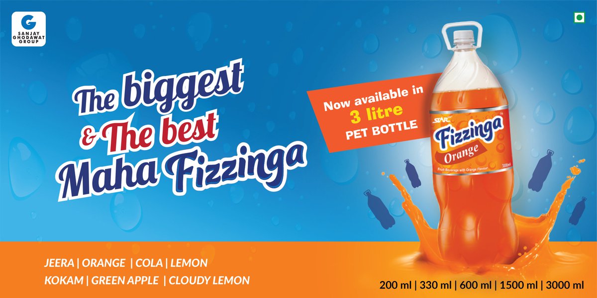 ghodawatconsumr's tweet photo. Summers will always seem long. But we have the biggest solution. Presenting the Fizzinga 3 litre bottle. #Fizzinga #SanjayGhodawatGroup
#GhodawatConsumerProducts #STARNamkeen #STARClubSoda #STARRice #STARRefinedOil #STARSalt #STARPackagedDrinkingWater #Frustar #Candystar https://t.co/T9lFOBGMh0