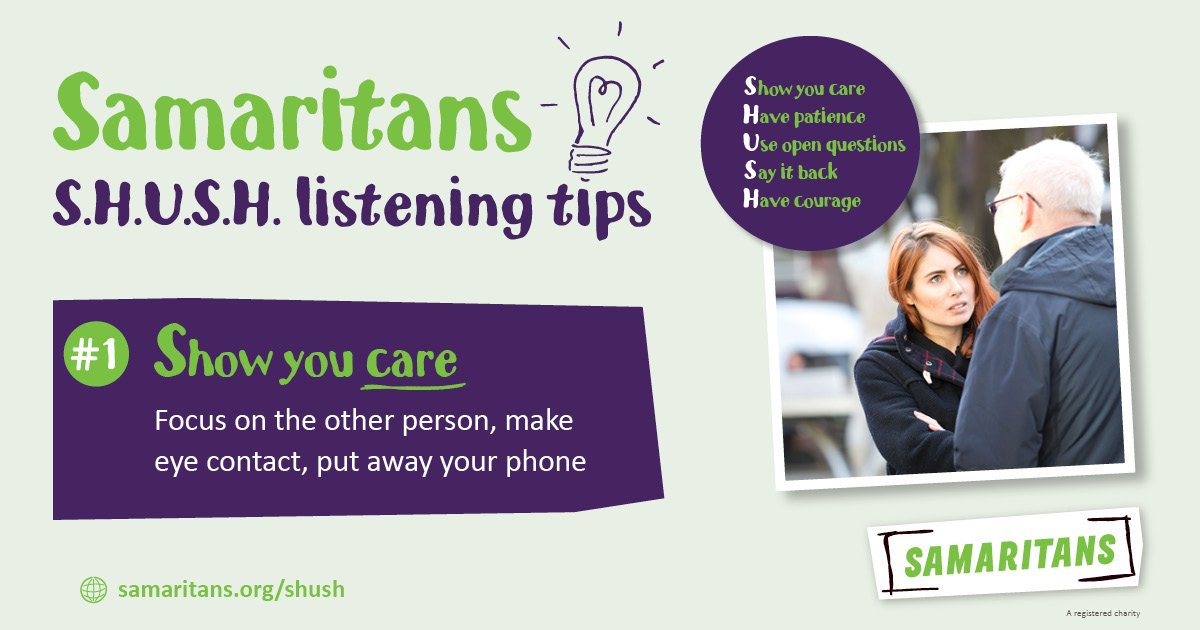 samaritans's tweet photo. Listening saves lives. Each day of #MentalHealthAwarenessWeek, we're sharing listening tips from our Wellbeing In The City workplace tool, created with @LordMayorsAppeal #ThisIsMe https://t.co/ZoXMsWJnDc https://t.co/gopGSWUDLf