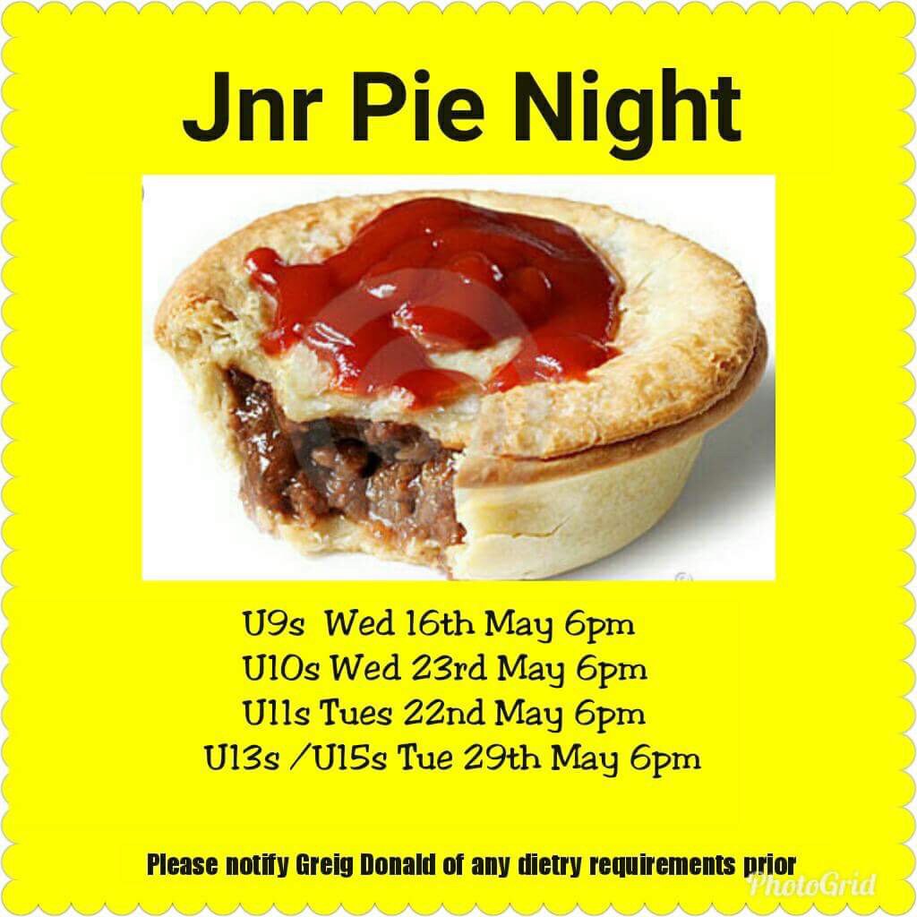 Junior Pie Night

Under 9’s Wed 16th May @ 6.00 pm
Under 10’s Wed 23 May @ 6.00 pm
Under 11’s Tue 22 May @ 6.00 pm
Under 13/15’s Wed 29 May @ 6.00 pm