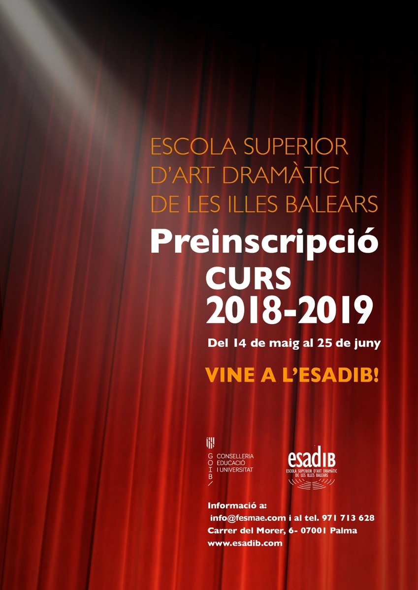 L’@esadib ha obert avui el termini de preinscripció per al curs 2018-19 per a totes aquelles persones interessades a cursar els estudis superiors d’Art Dramàtic, equivalents a grau universitari #ESADIB #ArtDramàtic