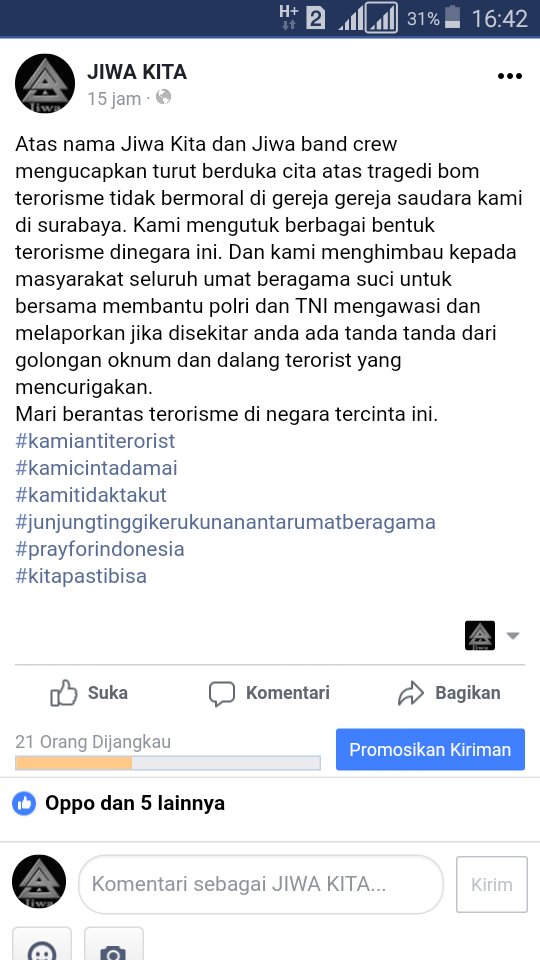 Atas nama Jiwa kita pshycologic medicine forum dan Jiwa band Yogyakarta Kami turut berduka cita atas korban yang berjatuhan di gereja gereja suci tempat ibadah saudara saudara kami di surabaya dan kami mengecam segala bentuk tindakan terorisme di negara Tercinta ini.salam damai