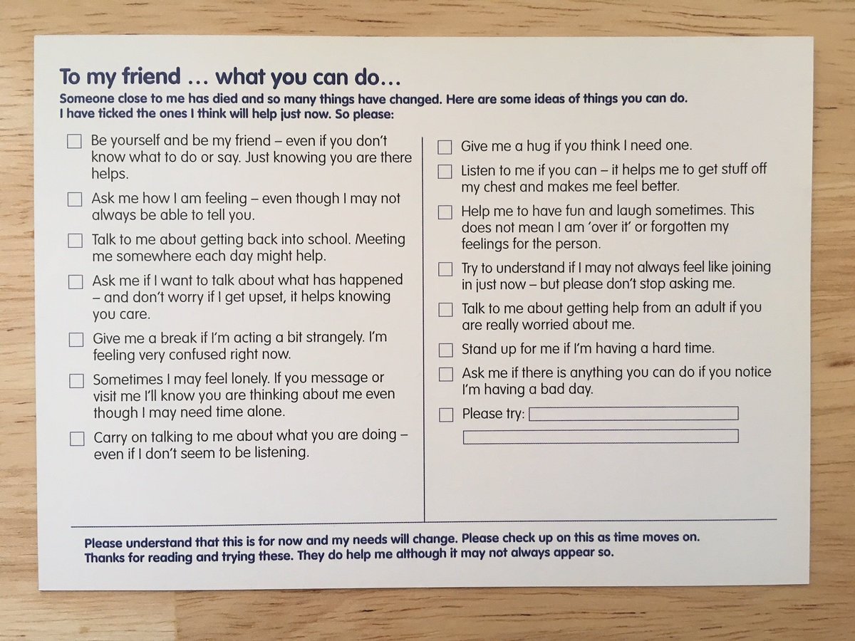 'Be yourself and be my friend - even if you don't know what to do or say' Great suggestions from bereaved young people about how their friends can help #WhatCanYouDo <a href="/DyingMatters/">Dying Matters</a> week runs 14-20 May childhoodbereavementnetwork.org.uk/help-around-a-…