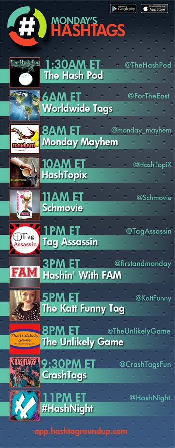 Hashtag Roundup - Monday   

Download our FREE Hashtag Roundup #game app (IOS/Android): Receive notifications right to your phone every time a new hashtag game starts!  

Visit: app.hashtagroundup.com   

11PM ET <a href="/HashNight/">Hash Night</a>