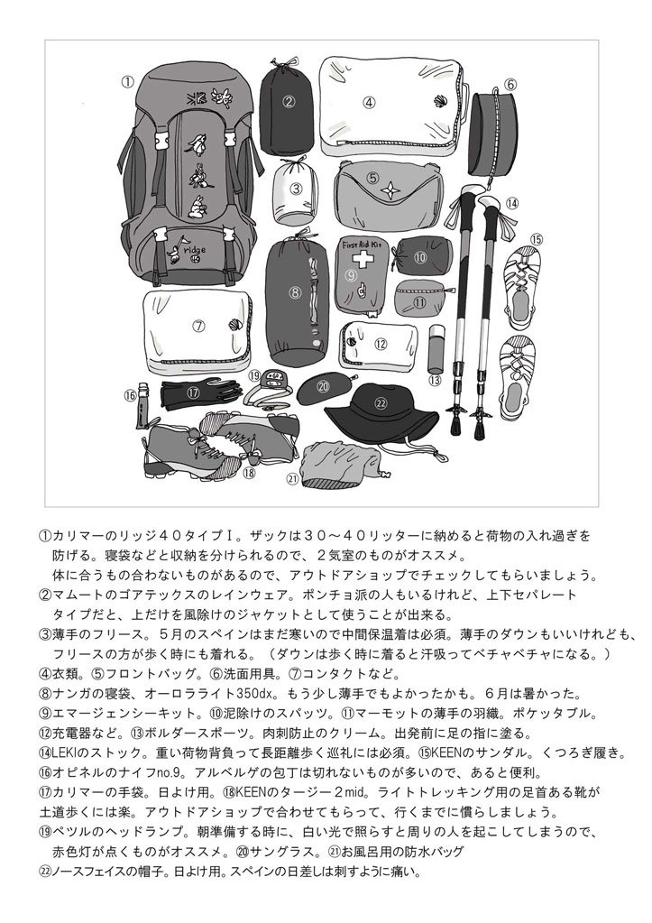スペイン巡礼800キロの旅漫画、持ち物編。
意外と詳しく書いているサイトが少なかったので、実際に持って行った物を書き出してみました。(1/2)
#スペイン巡礼漫画…