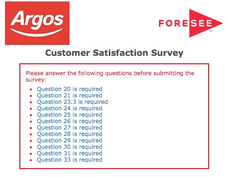Customer Surveys are a good thing in principle - but so many #fail because the #Marketing team goes crazy on the questions - see here #Argos example, sorry but gave up after Q19 !