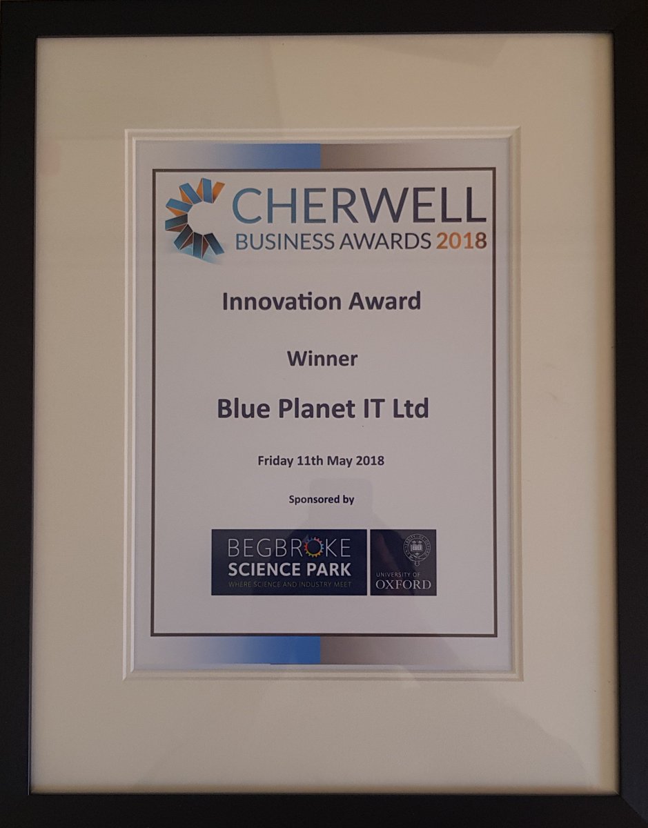 BluePlanetITuk's tweet photo. @BluePlanetITuk have won the Innovation Award at the @CherBizAwards 2018 sponsored by Begbroke Science Park. Congratulations to all our fellow winners and contestants! To find out more about our award-winning product, SafeWatch, visit https://t.co/98uXktAtBV or call 01295 533977. https://t.co/tm9mqGOxov