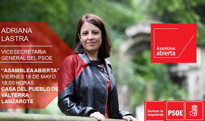 psoeteguise's tweet photo. Asamblea abierta del PSOE Lanzarote con Adriana Lastra, Vicesecretaria General del #PSOE.
✅Viernes 18 de Mayo, a las 18hr en La Casa del Pueblo, Valterra.
Te esperamos!
PSOE Canarias 👉#SomosLaIzquierda https://t.co/cdRoDERKLp