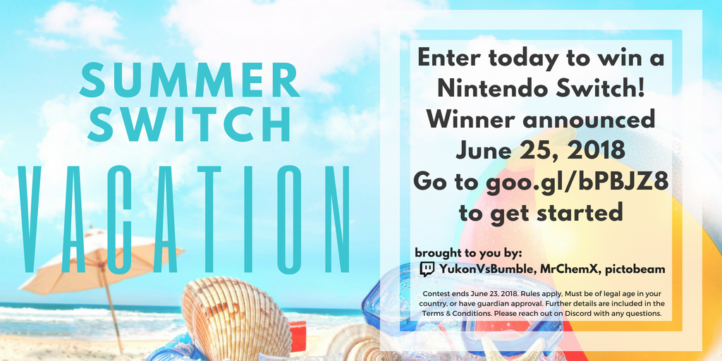 YukonDev's tweet photo. The Summer Switch Vacation Giveaway is HERE!!!! Make this Summer Vacation the best yet by winning a Nintendo Switch! Click here to enter: https://t.co/WVXRt0kcwB #Twitch #giveaway #NintendoSwitch https://t.co/Bt8lzZwHCG