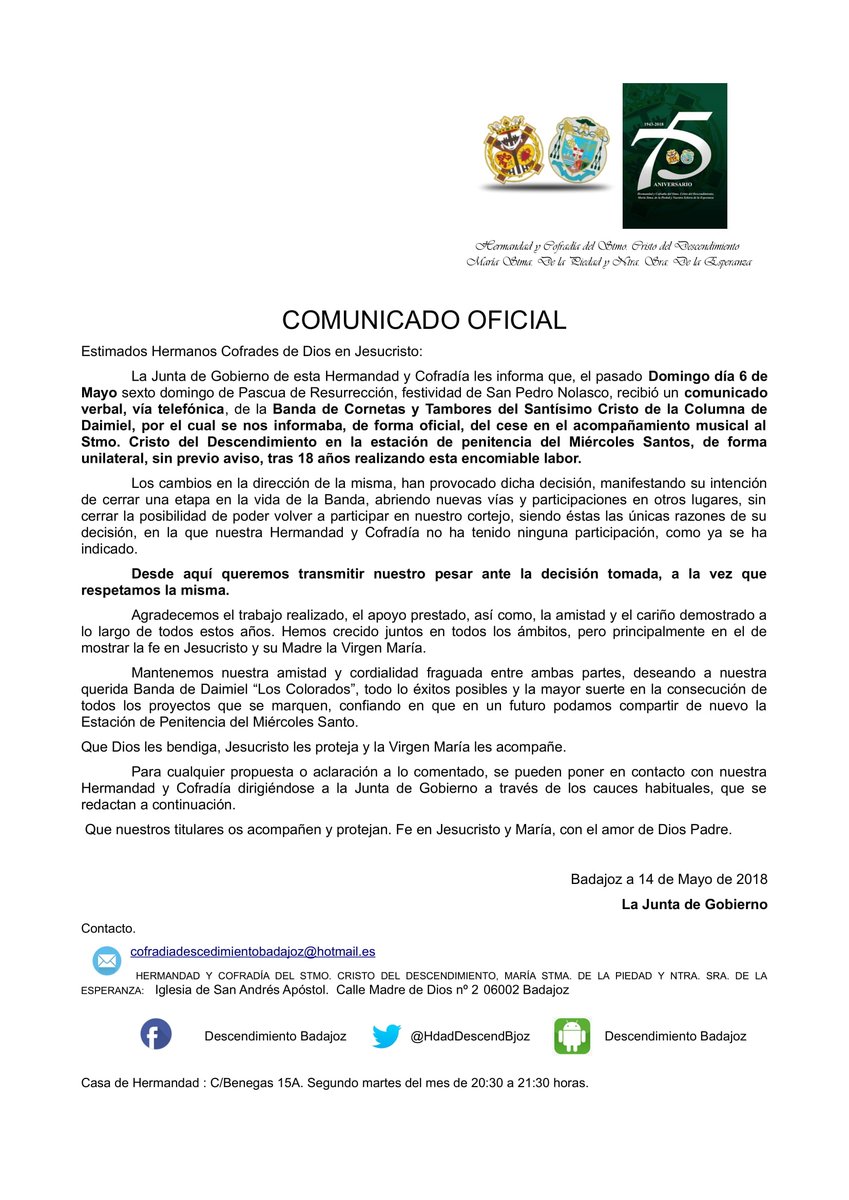 COMUNICADO OFICIAL - JUNTA DE GOBIERNO
<a href="/semanasantabjz/">Semana Santa de Badajoz</a>  <a href="/CostalerosJos/">Costeleros San José</a>  <a href="/ArchiMridaBadaj/">Archi Mérida-Badajoz</a>  <a href="/BadajozCofrade/">Badajoz Cofrade</a>  <a href="/cereroblog/">Cs12 - Cerero</a>  <a href="/BadajozDirecto/">Badajoz Directo</a>