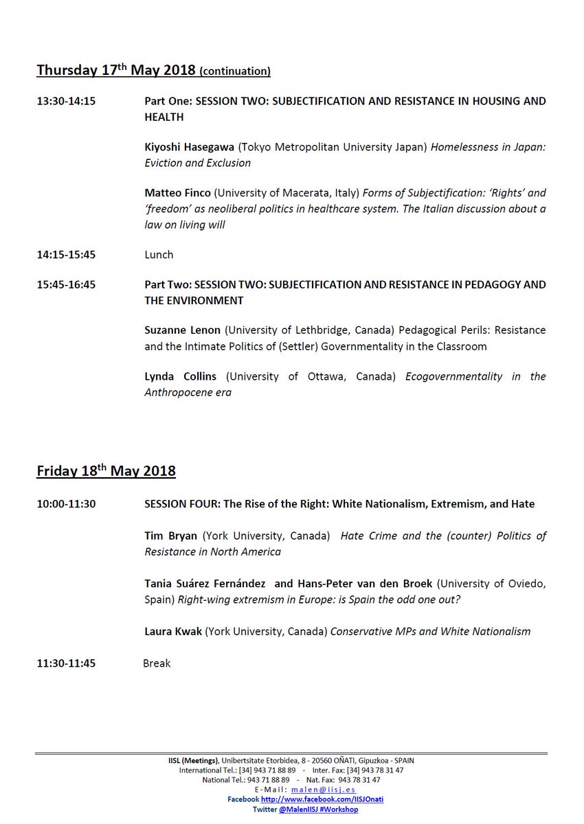 MalenIISJ's tweet photo. 17 - 18 May 2018
 #Workshop on "Governing the Political: Law and the Politics of Resistance"
Coordinators: Deborah Brock (York University) &amp; Carmela Murdocca (York University) https://t.co/KTiPUrfAiP