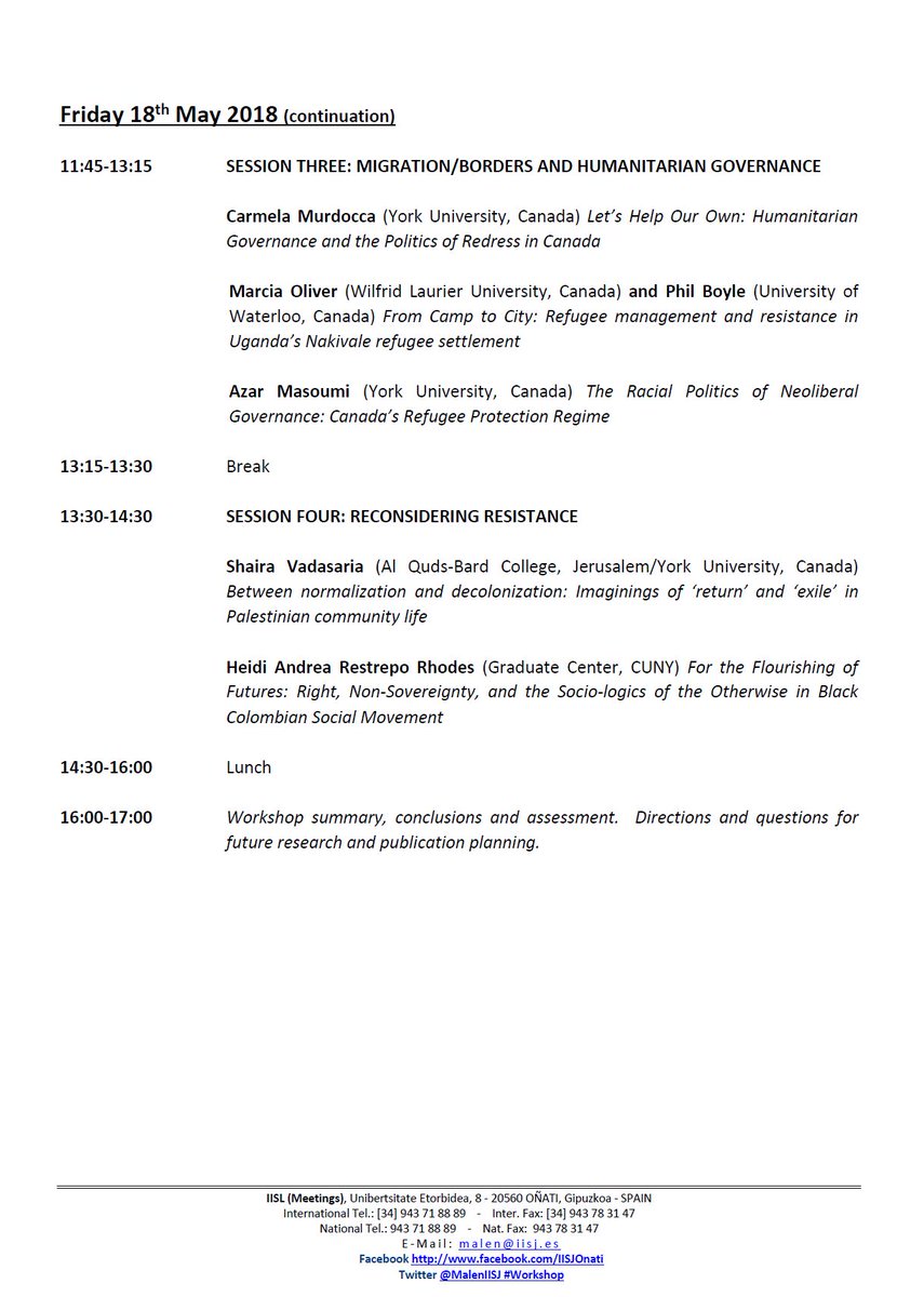 MalenIISJ's tweet photo. 17 - 18 May 2018
 #Workshop on "Governing the Political: Law and the Politics of Resistance"
Coordinators: Deborah Brock (York University) &amp; Carmela Murdocca (York University) https://t.co/KTiPUrfAiP