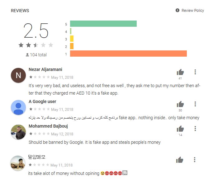 LukasStefanko's tweet photo. Just don't install them!
16 apps from Google Play right after lunch request SMS subscription payment (~$2.7+/week). Even though apps can't run in every country they still have more than 100K installs in total.
First unsubscribe then uninstall. https://t.co/vHZjU5DvQA