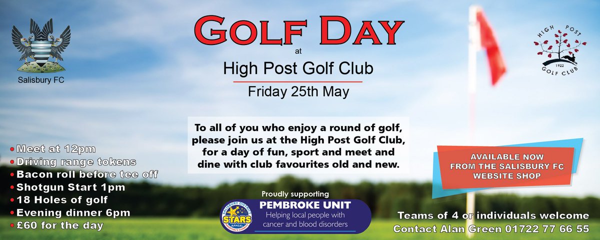 SalisburyFC's tweet photo. We still have a few spaces left for the SFC Golf Day at High Post Golf Club. Several current and legend players in attendance and all in support of an amazing charity. Call the office on 01722 776655 https://t.co/ywXOzxNfUY https://t.co/DK5vg1cb8N