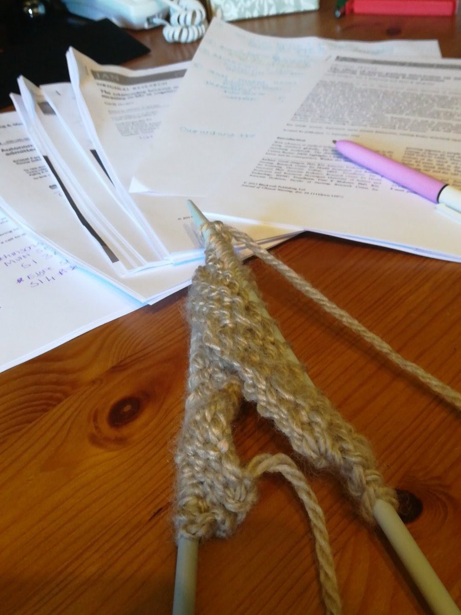 Doing a line of knitting has been the perfect short break in between coding articles for my thematic analysis as the repetitiveness promotes information synthesis while allowing my brain to relax 😊 #PowerOfOccupation