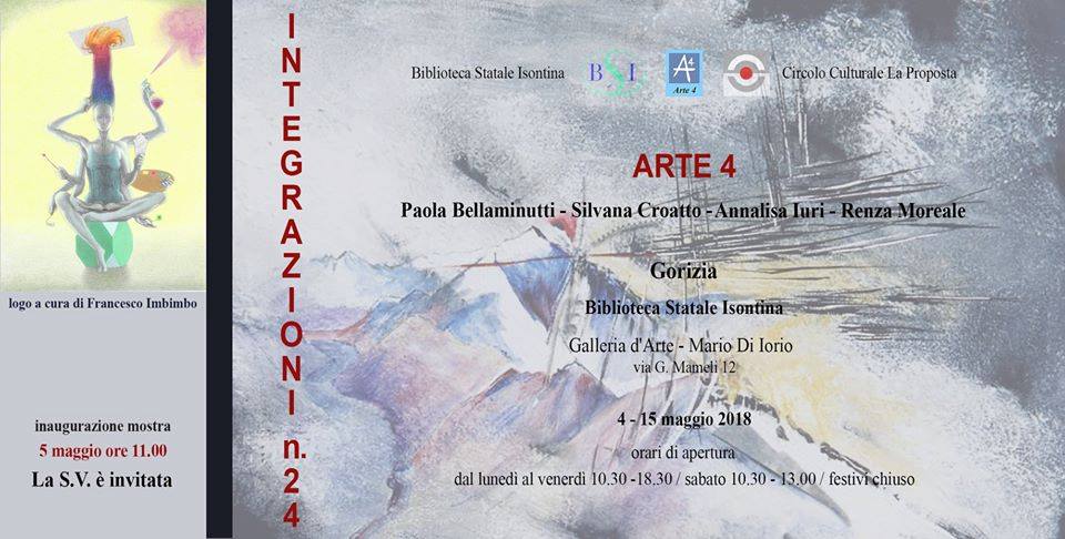 Isontina's tweet photo. Ultimi giorni per la #mostra “Integrazioni n. 24” del gruppo sperimentale d’#arte #Arte4 di #Campoformido, esposizione che resterà aperta al pubblico fino al 15 maggio alla Biblioteca @Isontina di Gorizia. Arte4 presenta opere di #pittura e #stampa calcografica. https://t.co/TRZfFm96IO