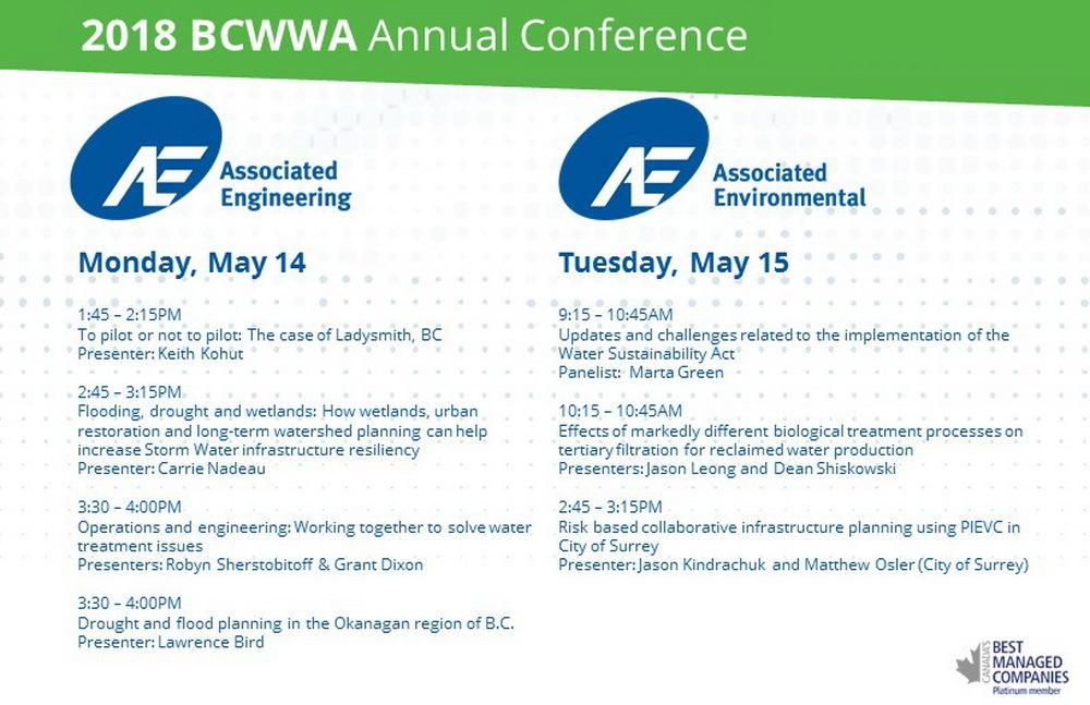 associatedeng's tweet photo. We welcome all #BCWWA2018 delegates to hear from our diverse range of speakers presenting today and tomorrow on topics important to our #water industry. https://t.co/dV6nDJupQn