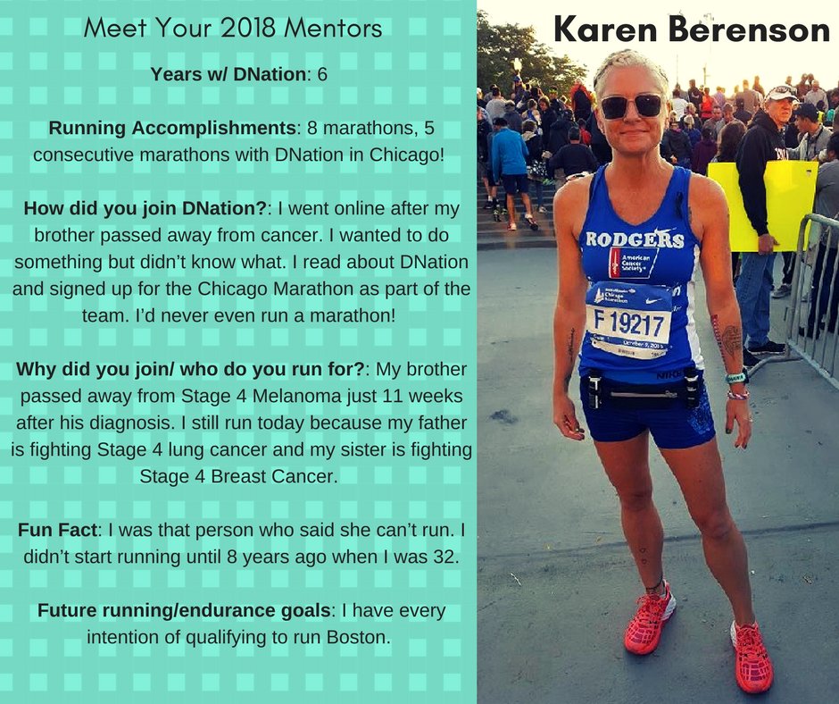ILDetermiNation's tweet photo. Get to know Karen Berenson, hailing from Milwaukee, WI and one of our mentors for our 2018 Bank of America Chicago Marathon team! #iRunDNation https://t.co/KUWcOGs6M0