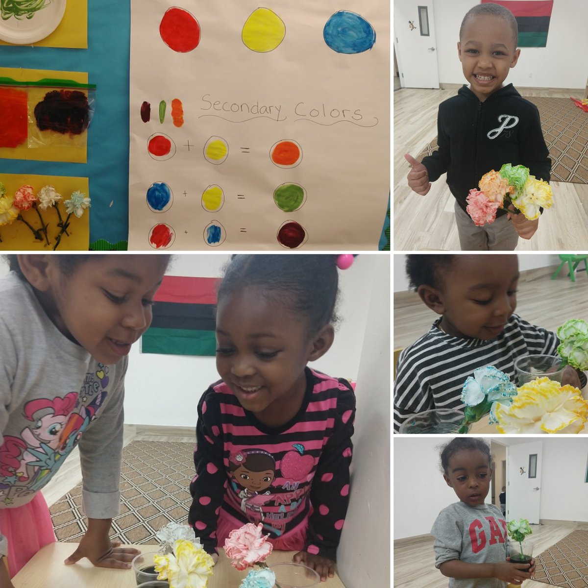 senecavillage9's tweet photo. Today we finished up our Carnation Flower experiment...made our observations and recorded our results! The flowers came out really pretty. We definitely recommend you trying this at home with your own little ones to explore primary and secondary colors. 💮🏵️💮 https://t.co/lKGHDgylFy