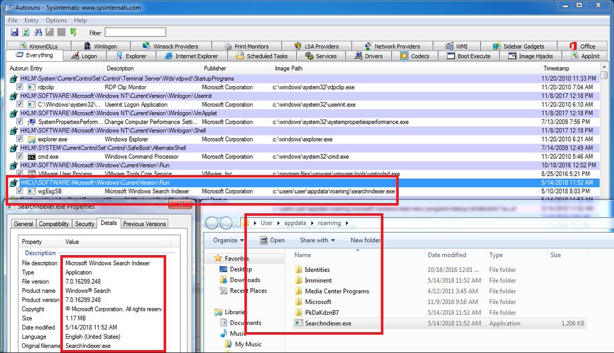 HuntressLabs's tweet photo. SearchIndexer.exe is Imminent RAT pre-built with Run Key &amp; Startup Directory #footholds. Both include tradecraft to impeded analysis w/Autoruns (fake Search Indexer will be hidden by Autoruns Microsoft filter &amp; internet URL target not parsed to see local file:/// resolution). https://t.co/OAjAKhqZ87