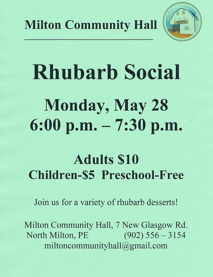 Join us for a Rhubarb Social Monday, May 28th. 6-7:30 p.m.