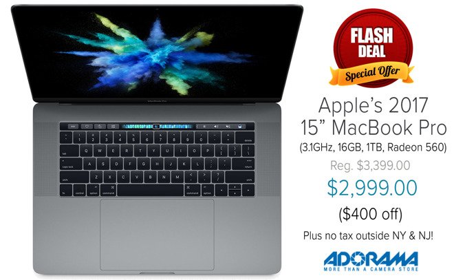 appleinsider's tweet photo. Final hours for #Apple's loaded 2017 15" MacBook Pro for $2,999 ($400 off). Plus 256GB 13" #MacBookPro for $1,269 with no tax collected in most states. #MondayMorning #deals https://t.co/YtnbCsmsuZ https://t.co/ItuS6cJC69