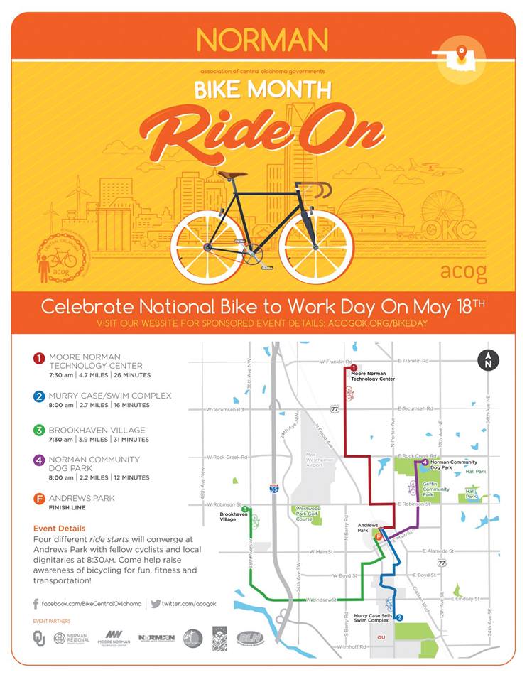 DowntownNorman's tweet photo. #BikeToWorkOK Day is Friday. Three different ride starts - @MooreNormanTech, @normanregional Healthplex, and @OUFitandRec Swim complex - will all converge at Andrew Park at 8:30AM. Ride Friday and help raise awareness of bicycling for fun, fitness and transportation! https://t.co/SCanh2tYka