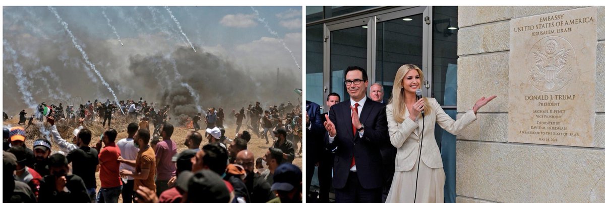 Diria que és la “imatge” del dia. Més de 50 palestins assassinats i més de mil amb ferides de bala. En un dia. Mentre a Jerusalem els enviats de Trump i Netanyahu estan de celebració.