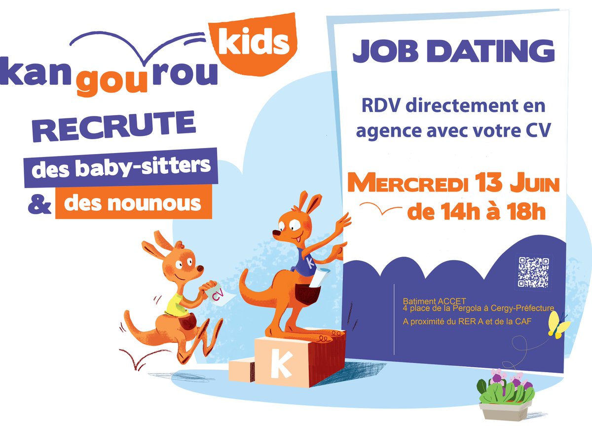 CESE95's tweet photo. Vous êtes à la recherche d'un emploi de garde d'enfants à domicile ?
Alors, rendez-vous au job dating organisé par la société Kangourou Kids le mercredi 13 juin de 14h à 18h au 4 place de la Pergola à Cergy.
#jobdating #100 postes #CDI #Agglomérationcergypontoise https://t.co/dKfikgzpwz