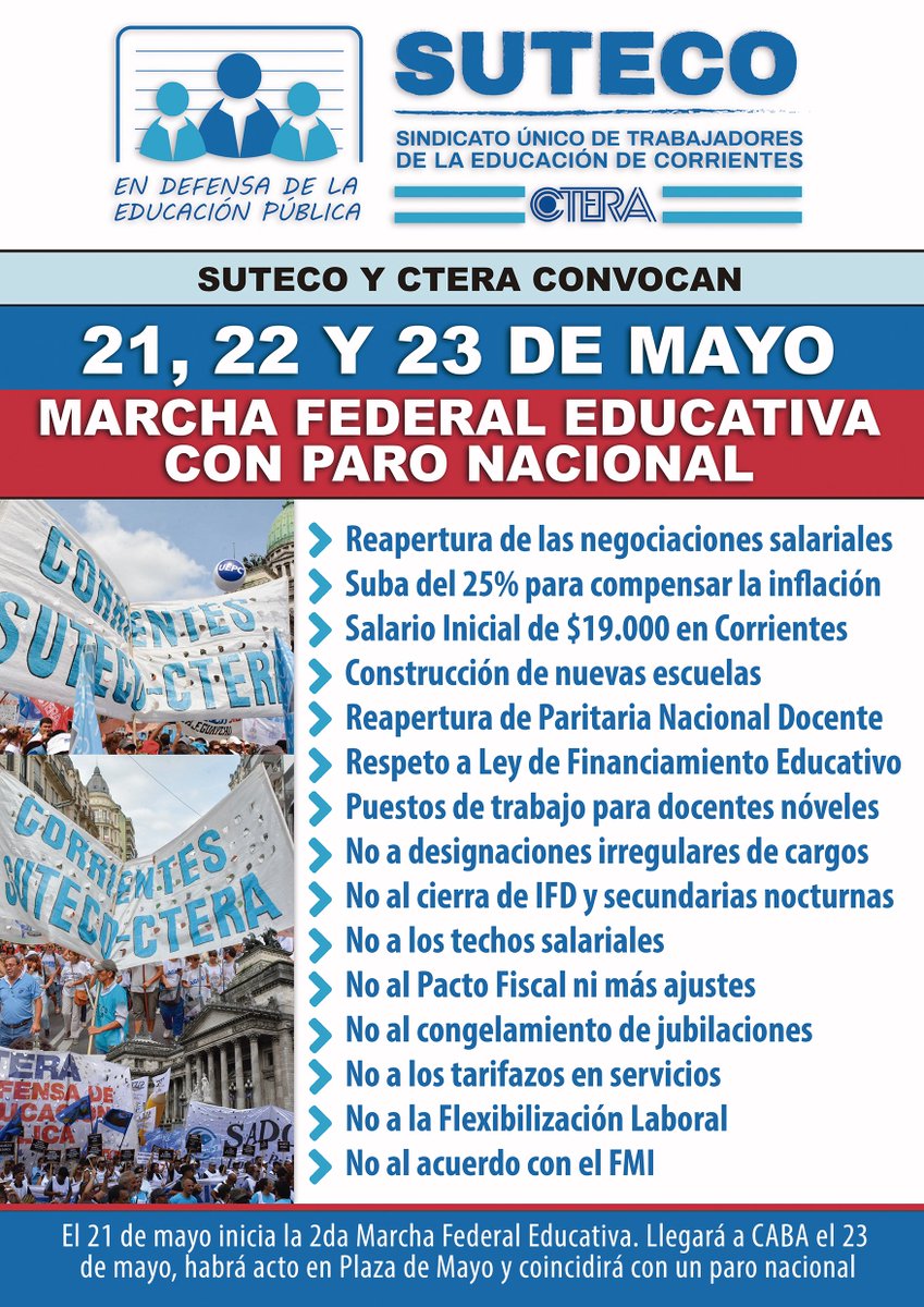 <a href="/SutecoCtera/">Suteco</a> llevará todas las demandas laborales y salariales de lxs docentxs correntinxs a la segunda Marcha Federal Educativa. Inicia 21 de mayo, llegará a CABA el 23 de mayo y coincidirá con un gran paro nacional convocado por #Ctera [bit.ly/2GaDKMZ]