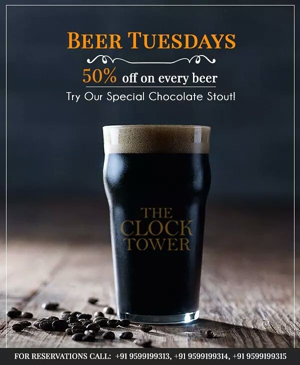 theclocktower54's tweet photo. Tuesdays have been forthy for long now.Enjoy Beer Tuesdays at The Clock Tower, get a 50% off on all Beers 🍻. Our special Chocolate stout is up for grabs as well. 
#beertuesdays #chocolatestout #theclocktower #gurgaon https://t.co/PhAFa36QaW