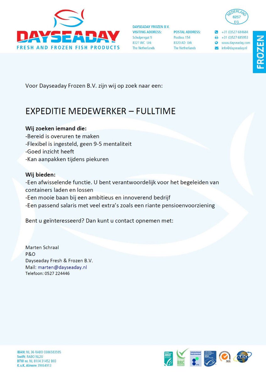 Dayseaday's tweet photo. Voor Dayseaday Frozen zijn wij opzoek naar een Expeditie medewerker Fulltime https://t.co/QDHbLD70hG