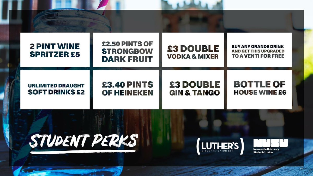 LuthersBar's tweet photo. Fancy some student perks? We’ve got you covered, available every day in Luther’s bar with your student card! 1/2 https://t.co/3JJM1IEags