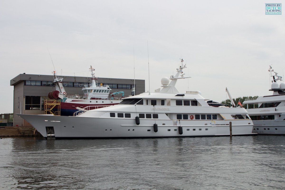 Dutchyachting's tweet photo. The 1993 #Puglia built 46m Sea Falcon II and 2001 #Heesen Yachts built 37.69m #Alumercia are having a #refit at #Balk. #Drettmann’s 23.9m #Ursus fitting out is also taking place at Balk and Hartman Yachts’ 2016 built 23.99m Livingstone 24 see this all happen. Photos: Gerrit Bouma https://t.co/F03mZRlvRu