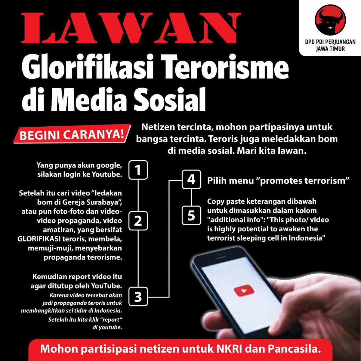 Karena Kita Cinta tanah air
Karena Kita Cinta kedamaian
Kita kecam segala aksi terorisme yang ada!!!
 حب الوطن من الإ يمان

#KamiTidakTakutTeroris
#JawaTimurTidakTakut
#KabehSedulurKabehMakmur
#GusIpulMbakPuti
#PDIPerjuanganJawaTimur
#DPCPDIPerjuanganKotaKediri