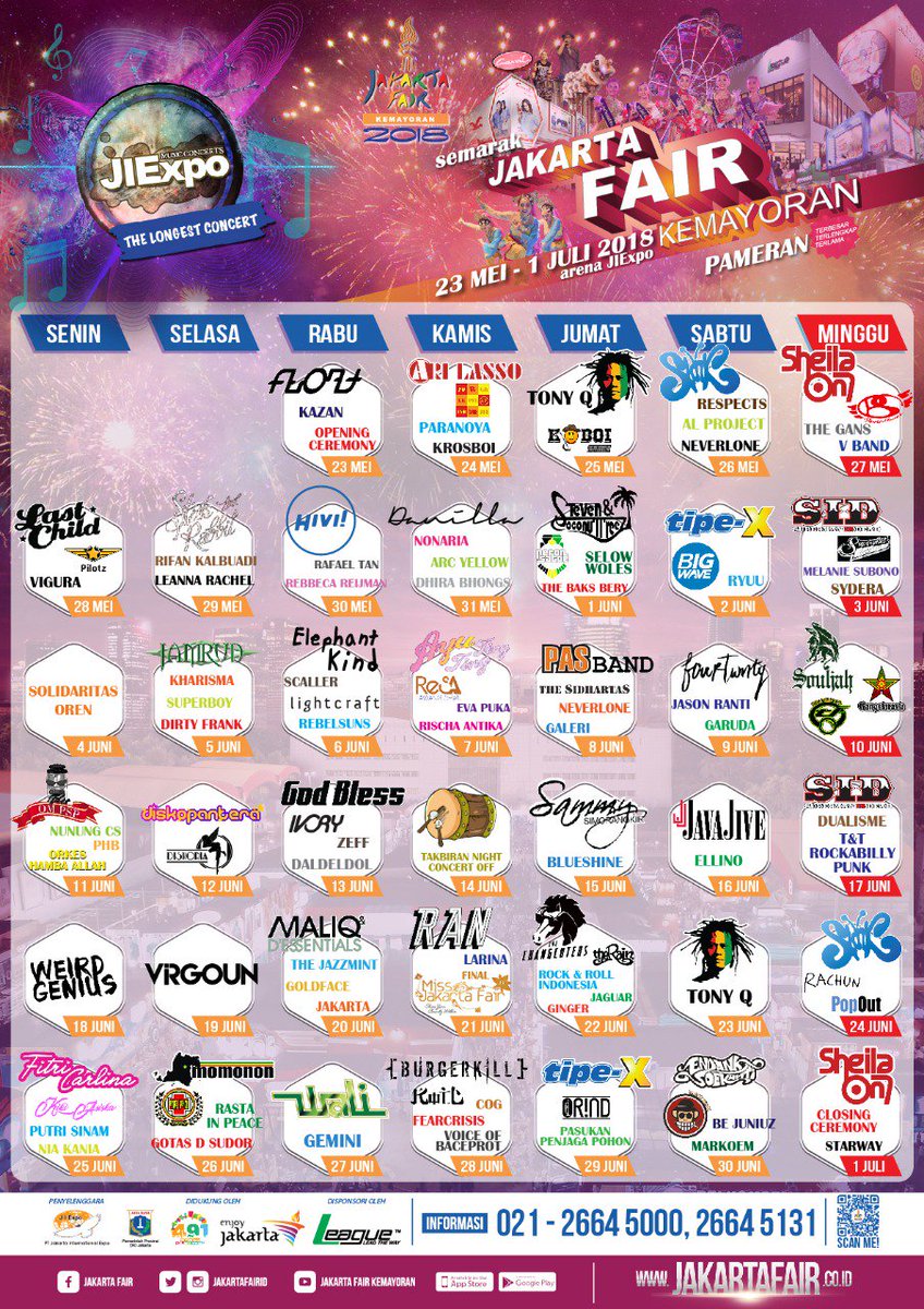 JakartaFairID's tweet photo. Hai #SobatJFK ini adalah jadwal untuk konser musik selama Jakarta Fair 2018. Siapkan dirimu untuk konser terbesar dan terlama ya. Ajak kerabat kamu untuk menikmati moment ini mulai 23 Mei - 1 Juli 2018 ya.
#JakartaFair2018 #JFK2018 #Konser #Musik https://t.co/XVdfx9okhr