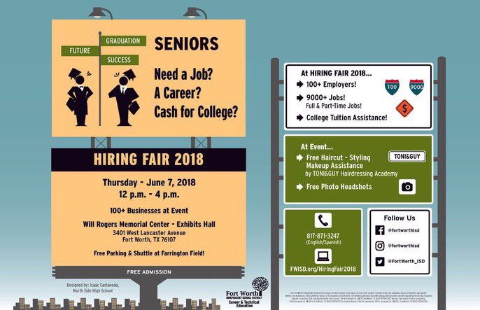 #FWISD high school seniors are invited to the Fort Worth ISD's Hiring Fair 2018! Brush up on your interview skills as you prepare for 9,000 possible jobs at more than 100 employers! Visit buff.ly/2L1LS63 for more information! #CTE