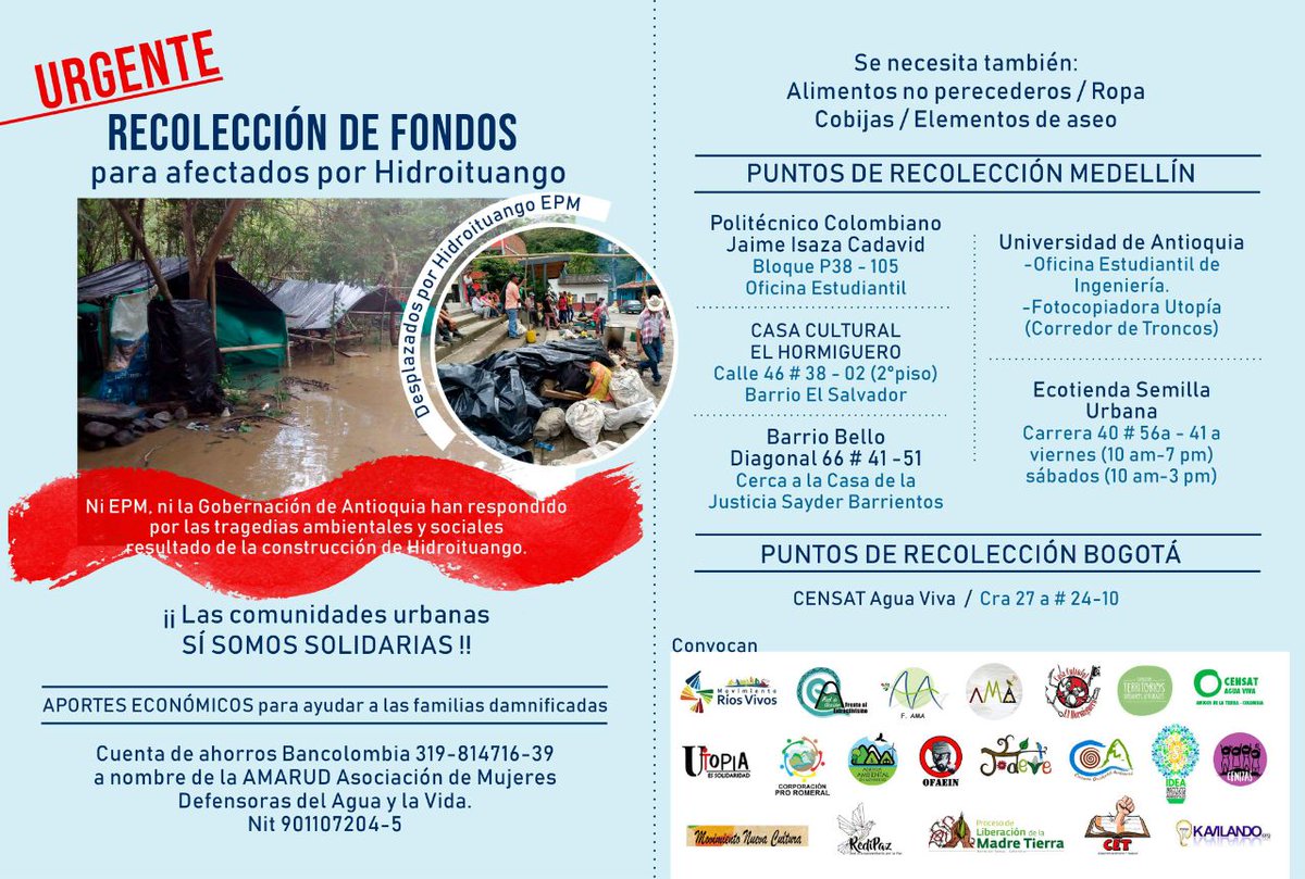RiosVivosColom's tweet photo. #Urgente Acudimos a todos ustedes y a su generosidad para los afectados por #HidroItuango https://t.co/E67bdGrieT
