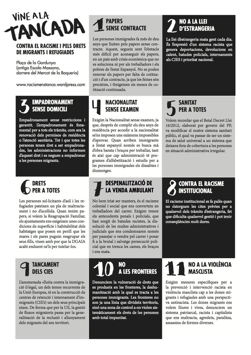 Reivindicacion de la #TancadaPerDrets #ElRacismeEnsTanca #NoCallarem 
Tuit: @racismenstanca 
racismenstanca.wordpress.com