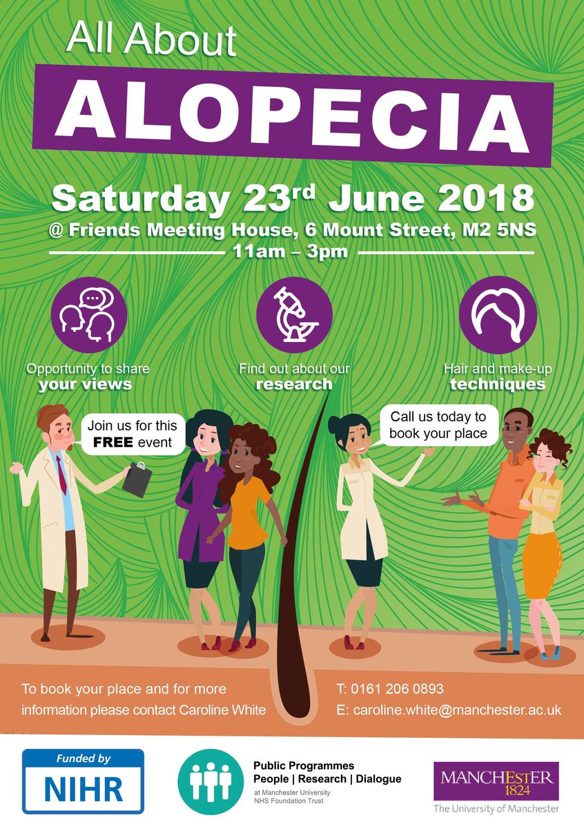 letsgetvocal's tweet photo. Living with #Alopecia? Book your place at the 'All About Alopecia' event on Sat 23rd June (11am - 3pm) for the opportunity to share your views, find out about current and future @OfficialUoM hair loss research &amp; see hair &amp; make-up techniques. Contact Caroline: 0161 206 0893 https://t.co/RVzGd6lsCE