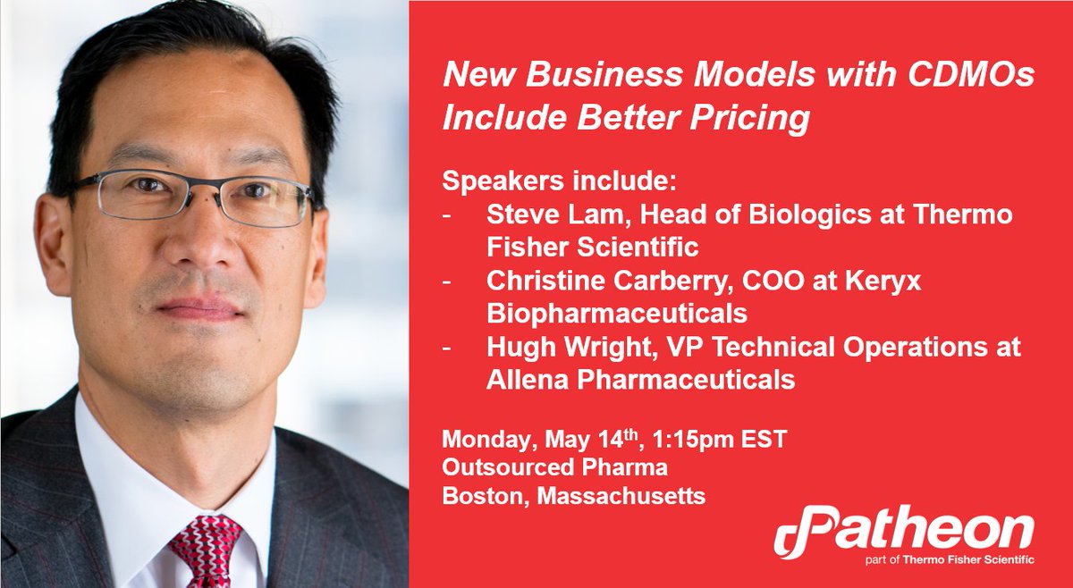 Patheon's tweet photo. If you're at Outsourced Pharma 2018 today, be sure not to miss the great panel discussion, "New Business Models with #CDMOs Include Better Pricing" at 1:15pm. @opconference #OP2018 https://t.co/aDtjqf7pjr