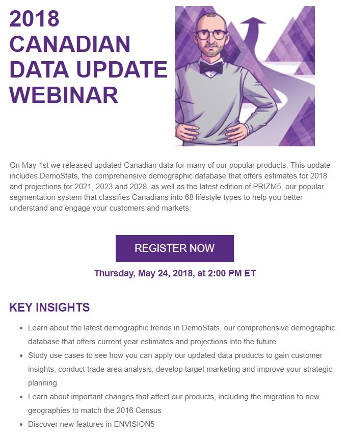 EricCaiEA's tweet photo. Teresa Sinopoli and Sandra Albanese will hold a free webinar on Thursday, May 24, on the updates to @EnvironicsA's popular #data products: #DemoStats and #PRIZM5. Learn about the latest demographic trends and how they can help your #marketing campaign! https://t.co/yO7aN9onaT https://t.co/qpyoUBqTyR