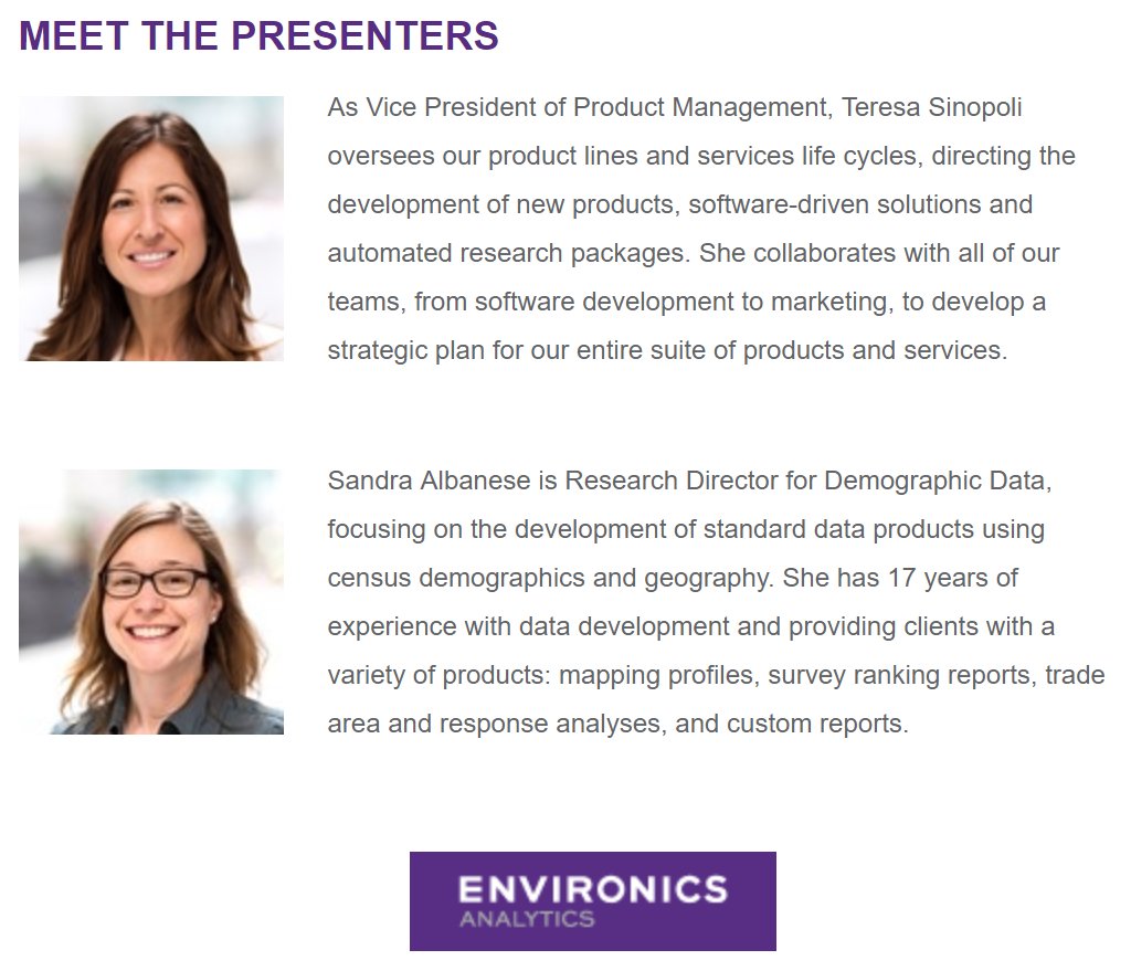 EricCaiEA's tweet photo. Teresa Sinopoli and Sandra Albanese will hold a free webinar on Thursday, May 24, on the updates to @EnvironicsA's popular #data products: #DemoStats and #PRIZM5. Learn about the latest demographic trends and how they can help your #marketing campaign! https://t.co/yO7aN9onaT https://t.co/qpyoUBqTyR