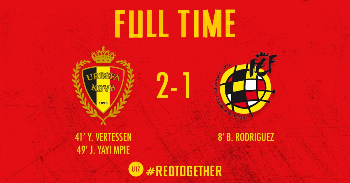 RoyalBelgianFA's tweet photo. Full-time 🇧🇪🆚🇪🇸 2-1 !!!! 
WE’RE GOING TO THE SEMI-FINALS OF #U17EURO !

#BELESP
#REDTOGETHER 🇧🇪 https://t.co/4x85R4bny4