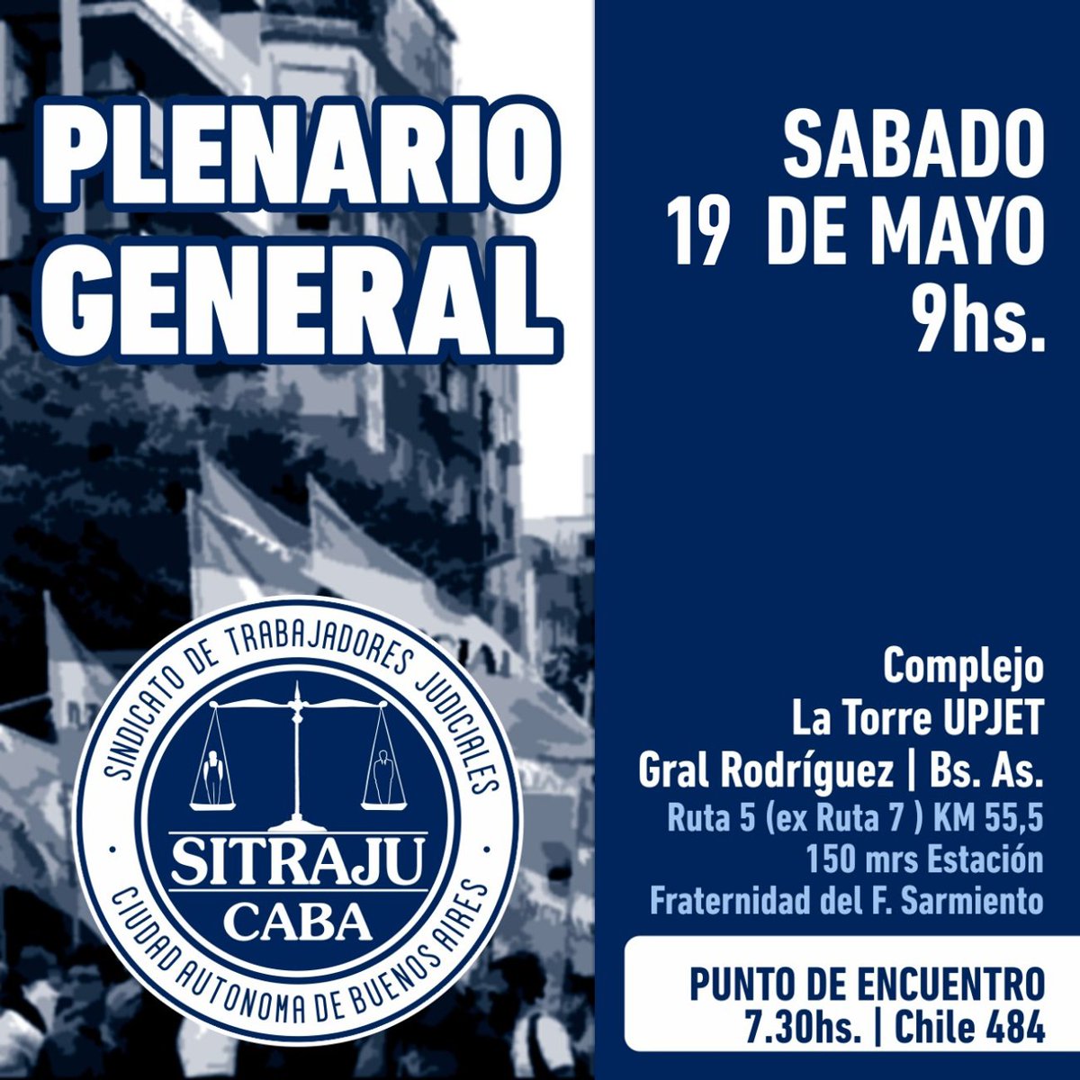 Sitraju_caba's tweet photo. PLENARIO GENERAL DE SITRAJU CABA.
Participá y fortalece nuestro sindicato.
Podes ir en micro desde el gremio 🚍 o con tu auto 🚘.

Inscribite online:
https://t.co/efBXI9dZGb

#PlenarioGeneral #MilitanciaSindical #JudicialesCABA https://t.co/QMnyxDHdOh