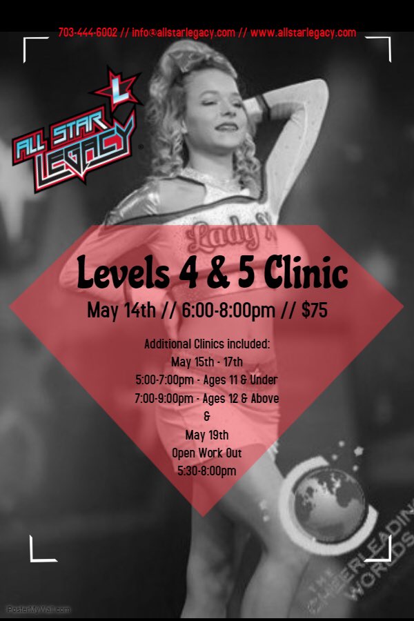 LetsGoRaysVA's tweet photo. All Star Clinics & Team Evaluations this week! We start the week off with the Level 4 & 5 Clinics!
For more information or to register, give us a call: 703-444-6002
#AllStarLegacy #SweetSixteen #Season16 #YouCantStopUs #EveryoneLooksGoodInRed https://t.co/UPbp4HVsaS