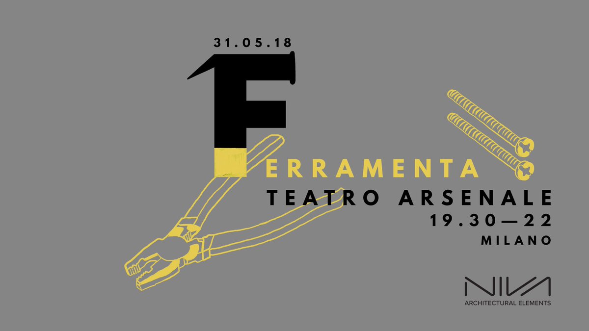 NIVA_line's tweet photo. MostraEvento "Ferramenta" a Milano.
31 Maggio 2018 dalle 19.00 alle 22.00
#Architetti milanesi in dialogo con Niva.
https://t.co/GSScMrn3TQ …
Teatro Arsenale via Cesare Correnti 11 20123 Milano https://t.co/wPFzfF2T9I