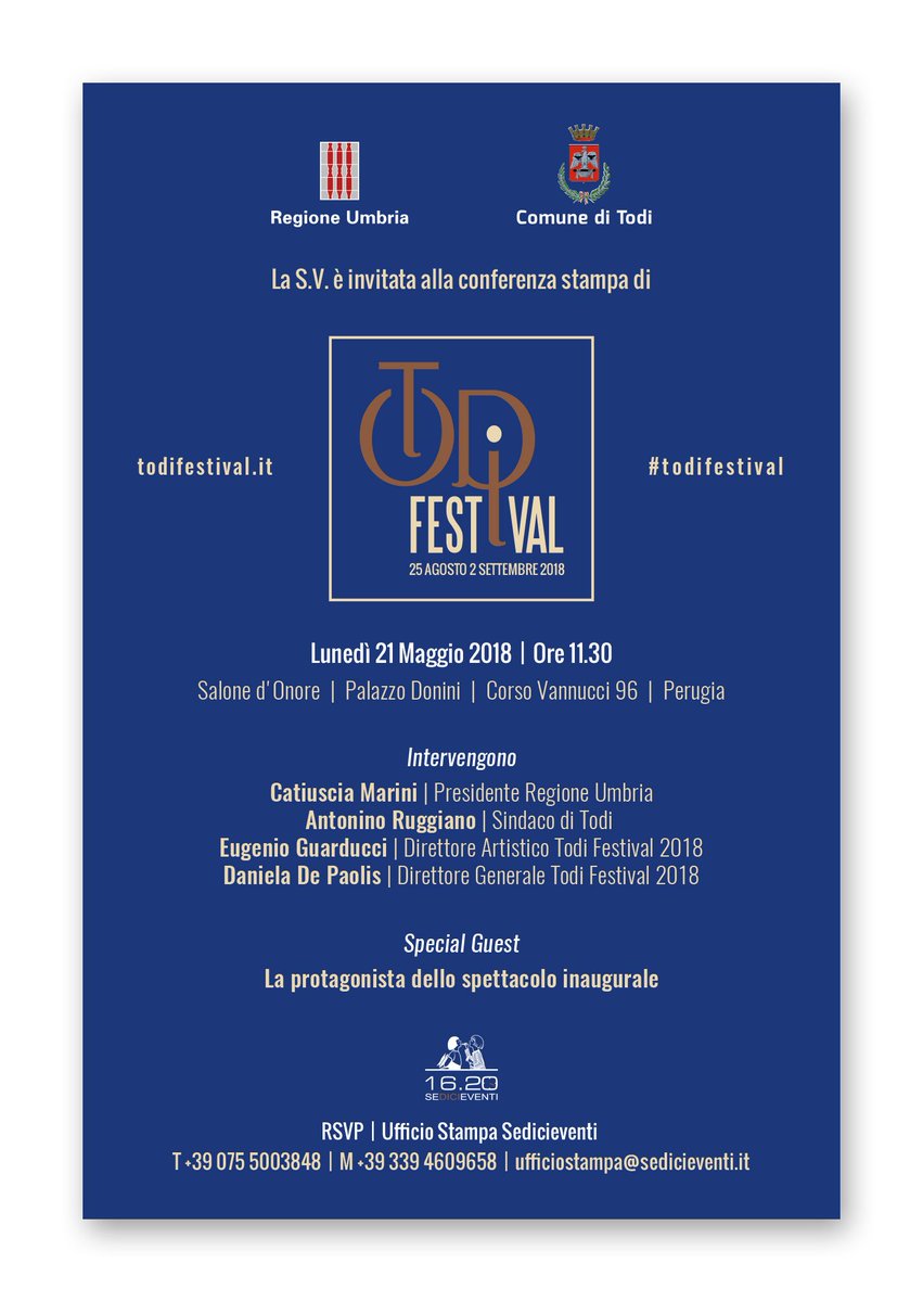 Al salone d'Onore di palazzo Donini a Perugia lunedì 21 maggio (ore 11.30) si parla della prossima edizione del #TodiFestival 
special guest sarà la protagonista dello spettacolo inaugurale 
 ➡️Da non perdere!