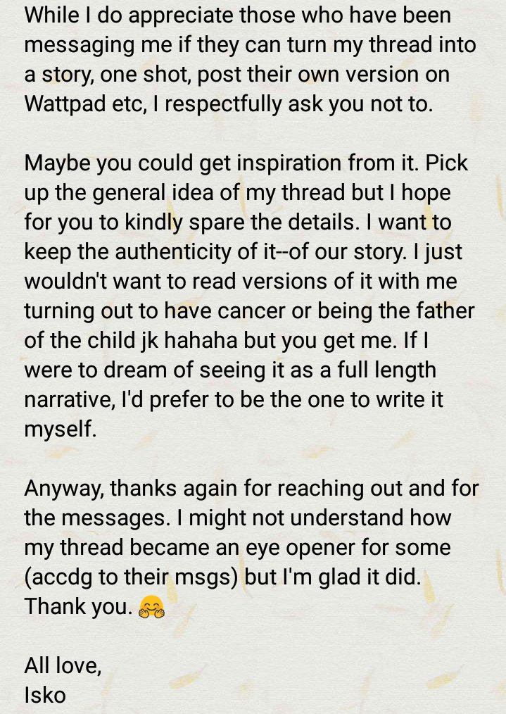For those who have been messaging me to ask if they can publish/write a long story version of my story with K.