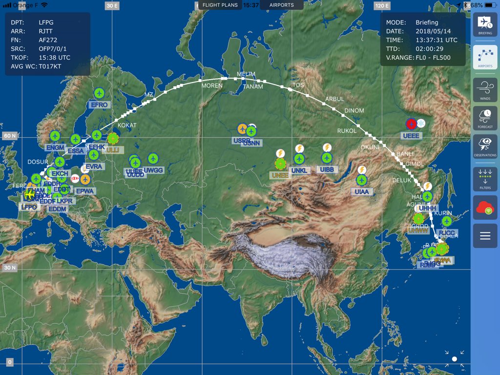 pascalrs's tweet photo. 11h0m to Tokyo, Haneda airport. 9730 km. Tonight the route is quite northerly, as up as 69° latitude, which means the daylight will last the whole flight. #AF272 https://t.co/A6HBFuZ8OR